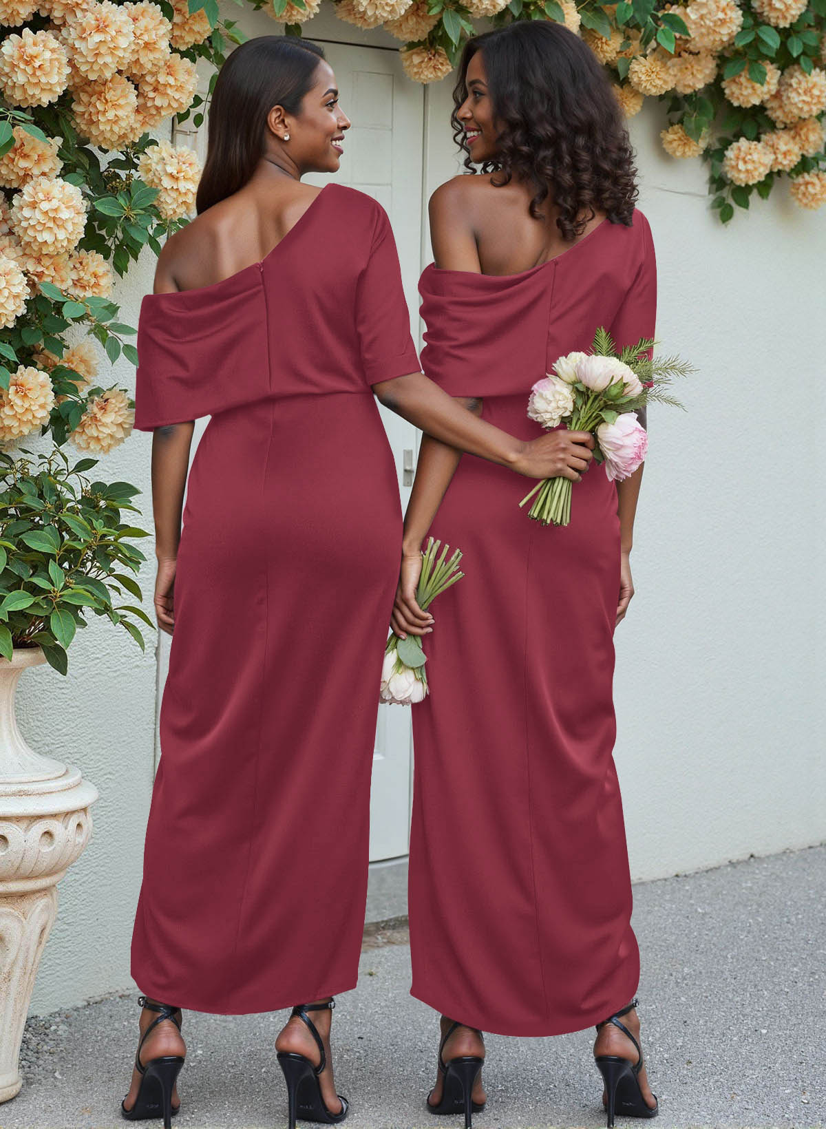 Sheath/Column Asymmetrical Sleeveless Satin Bridesmaid Dresses With Ruffle, product image 107
