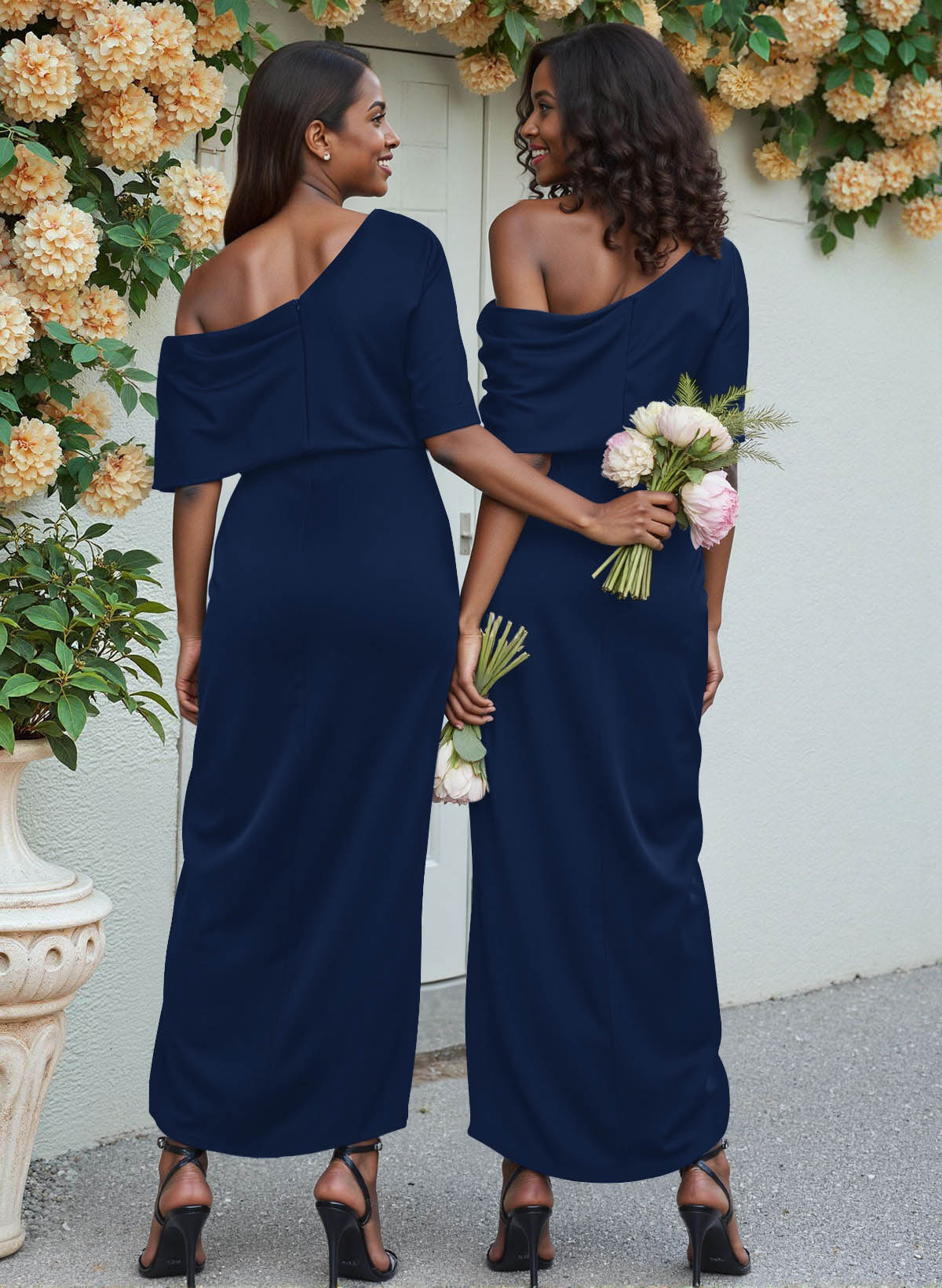 Sheath/Column Asymmetrical Sleeveless Satin Bridesmaid Dresses With Ruffle, product image 15