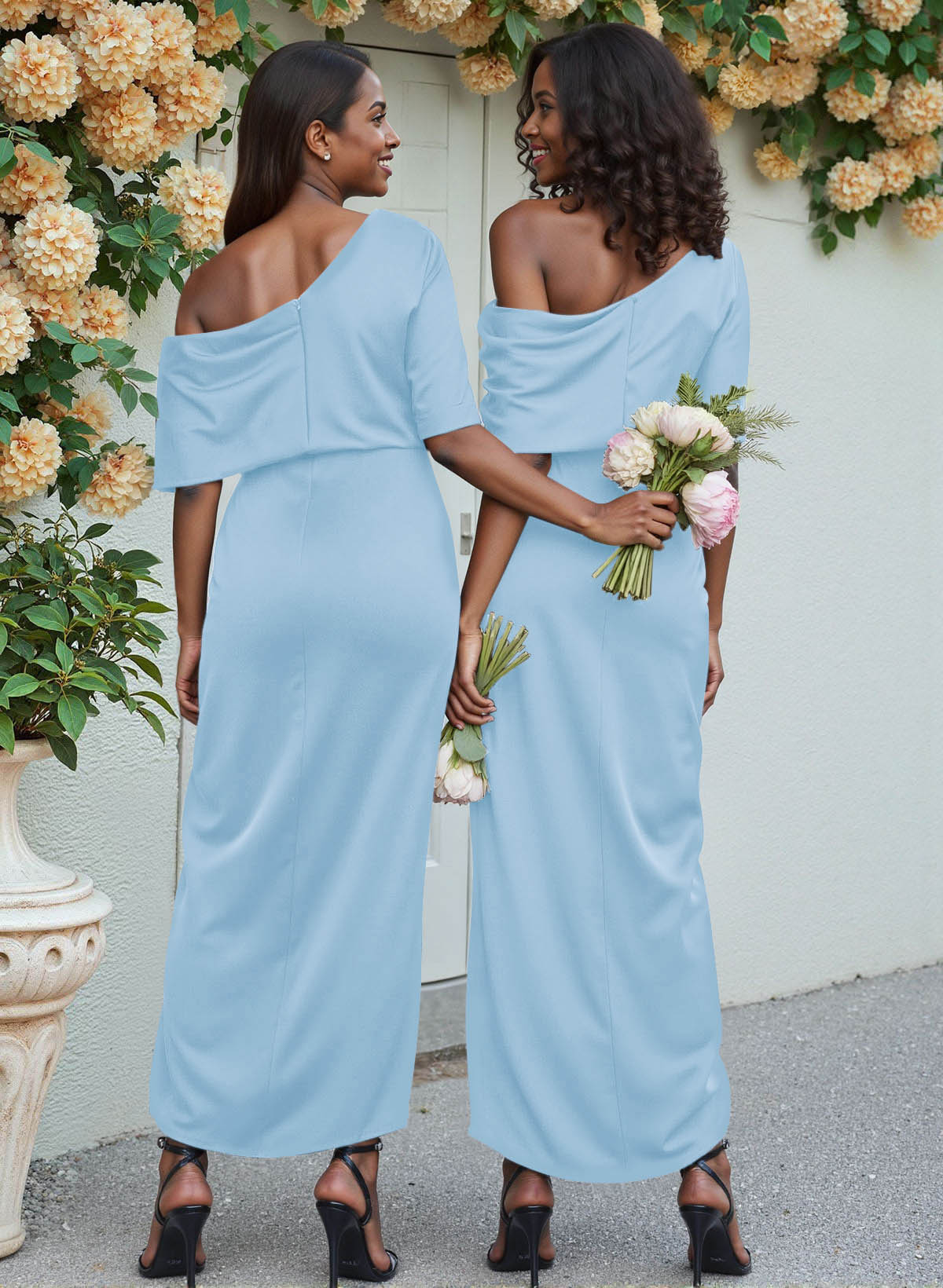 Sheath/Column Asymmetrical Sleeveless Satin Bridesmaid Dresses With Ruffle, product image 35