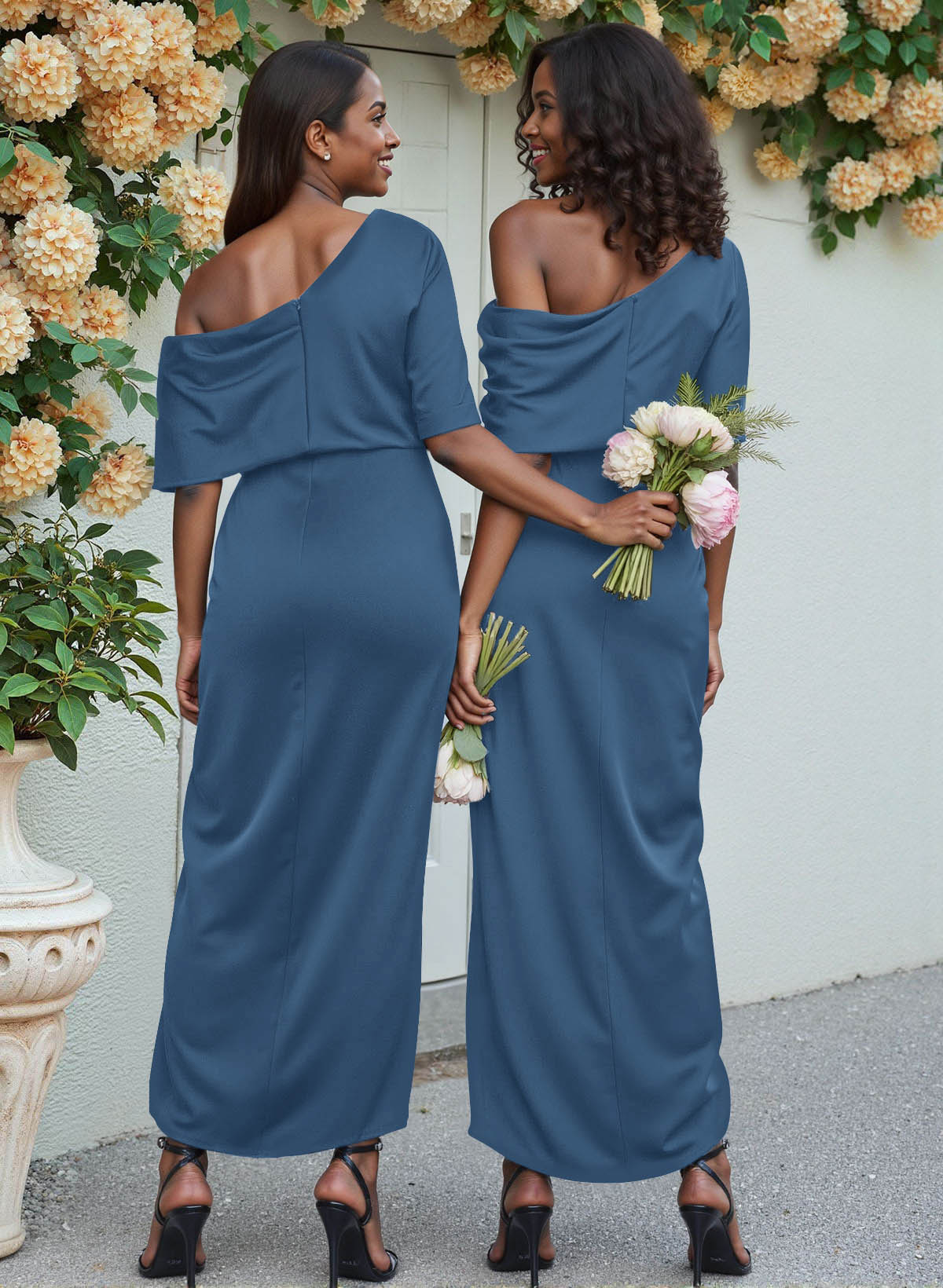 Sheath/Column Asymmetrical Sleeveless Satin Bridesmaid Dresses With Ruffle, product image 23
