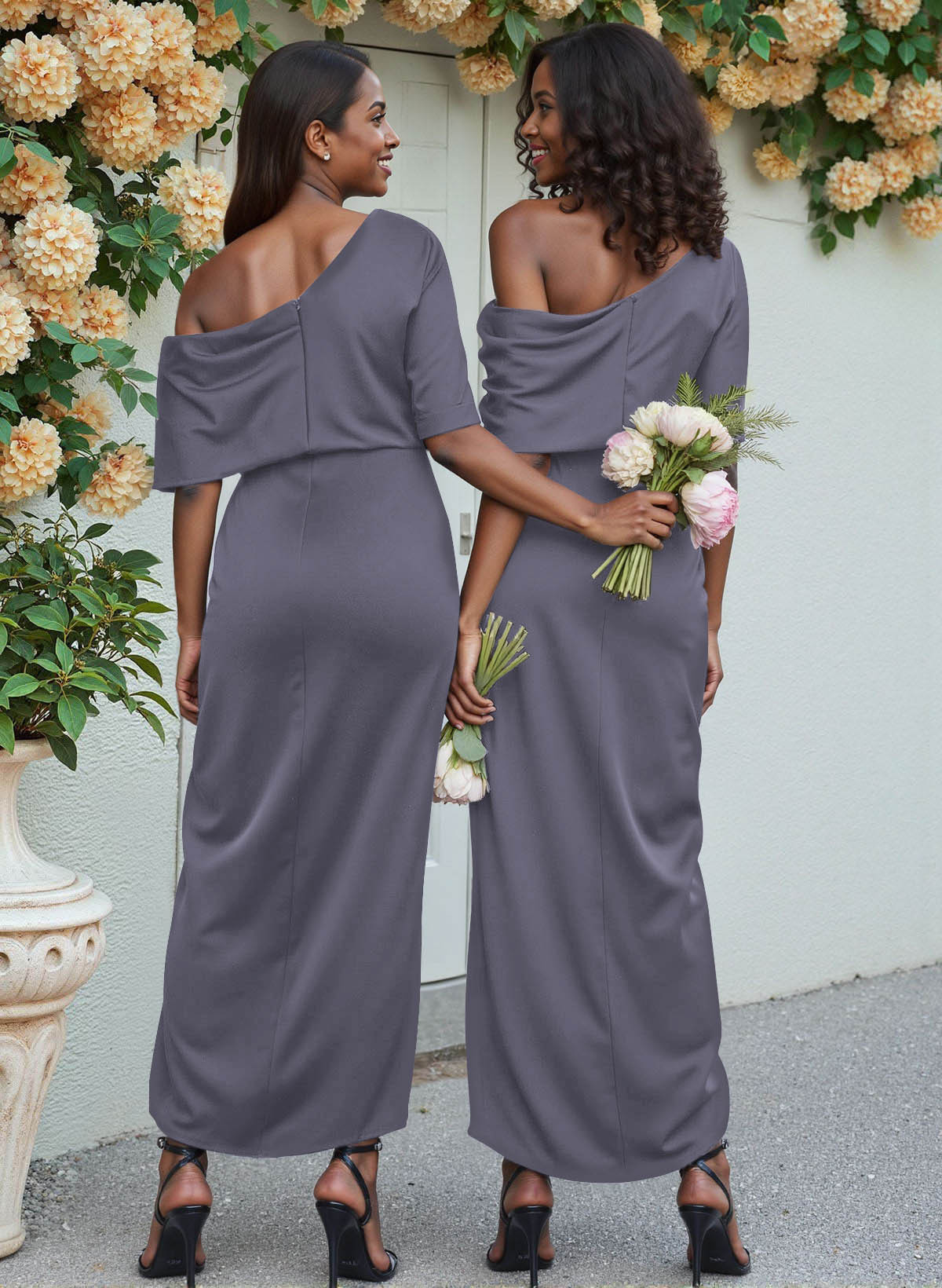 Sheath/Column Asymmetrical Sleeveless Satin Bridesmaid Dresses With Ruffle, product image 27