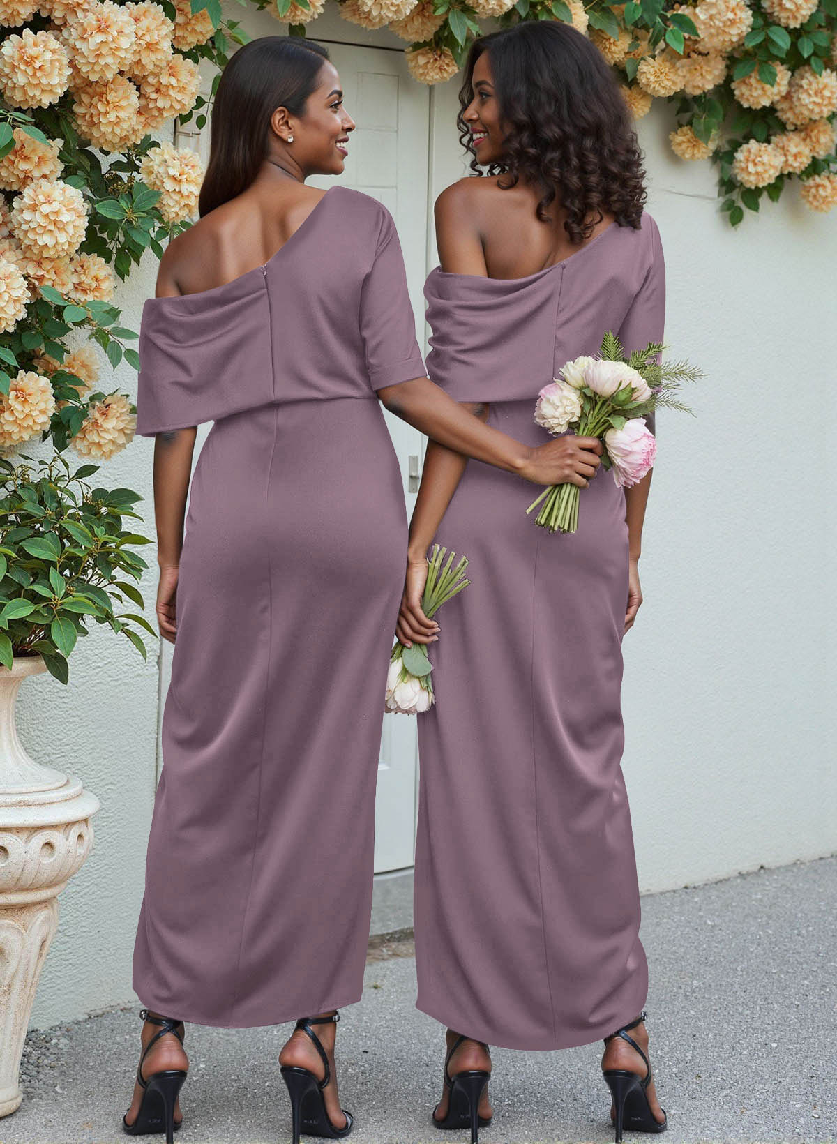 Sheath/Column Asymmetrical Sleeveless Satin Bridesmaid Dresses With Ruffle, product image 139