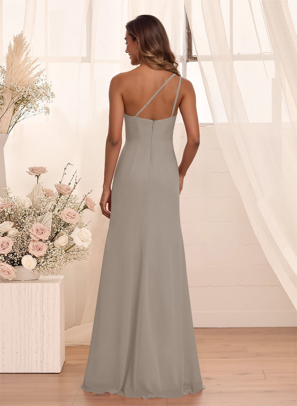 Flattering A-Line One-Shoulder Chiffon Bridesmaid With Split Front, product image 19