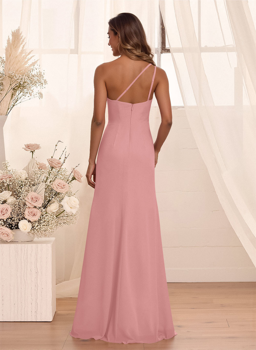 Flattering A-Line One-Shoulder Chiffon Bridesmaid With Split Front, product image 102