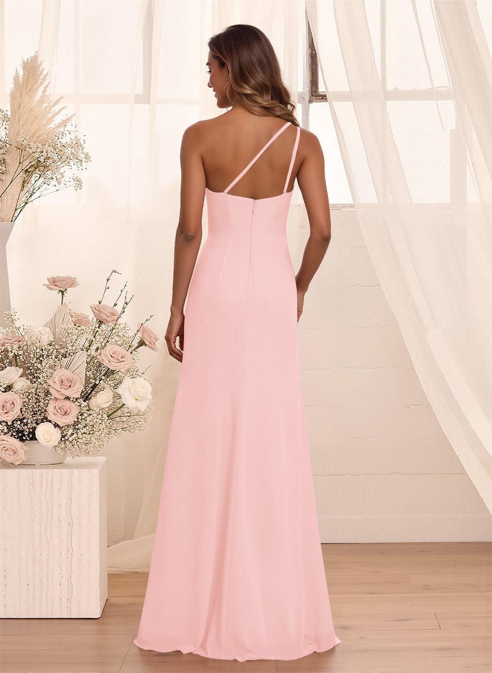 Flattering A-Line One-Shoulder Chiffon Bridesmaid With Split Front, product image 96
