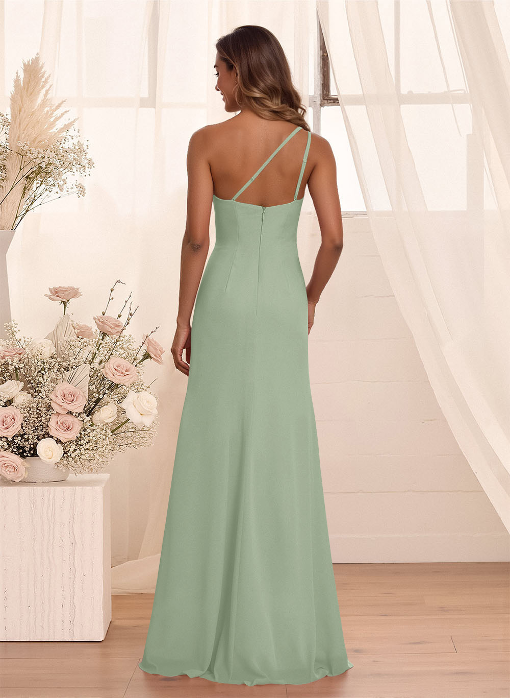 Flattering A-Line One-Shoulder Chiffon Bridesmaid With Split Front, product image 58
