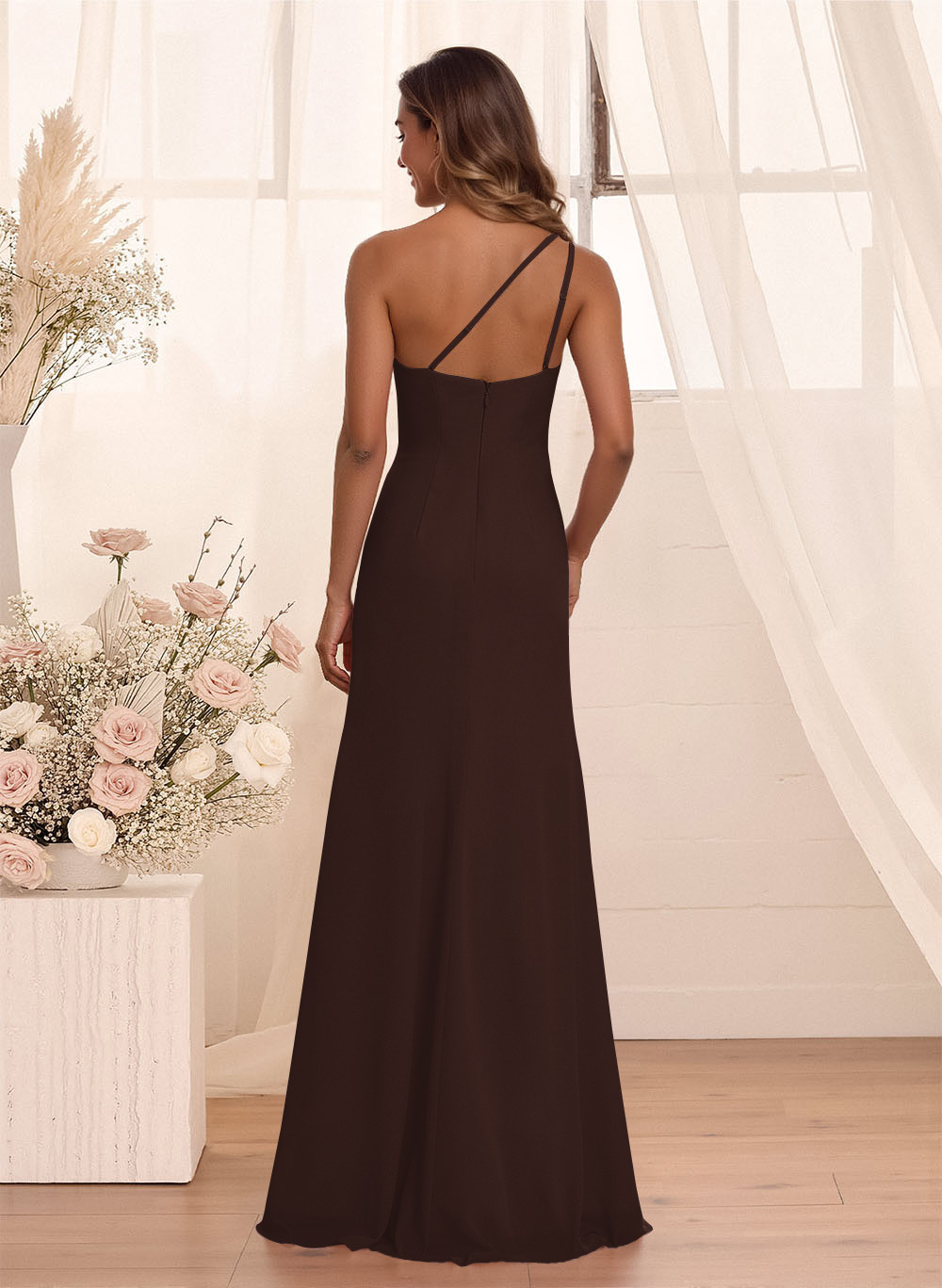 Flattering A-Line One-Shoulder Chiffon Bridesmaid With Split Front, product image 33