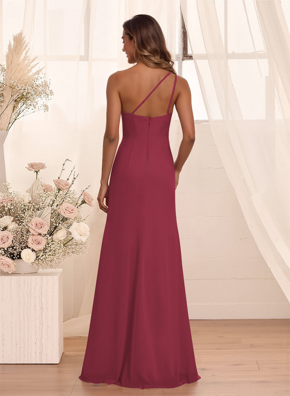Flattering A-Line One-Shoulder Chiffon Bridesmaid With Split Front, product image 114