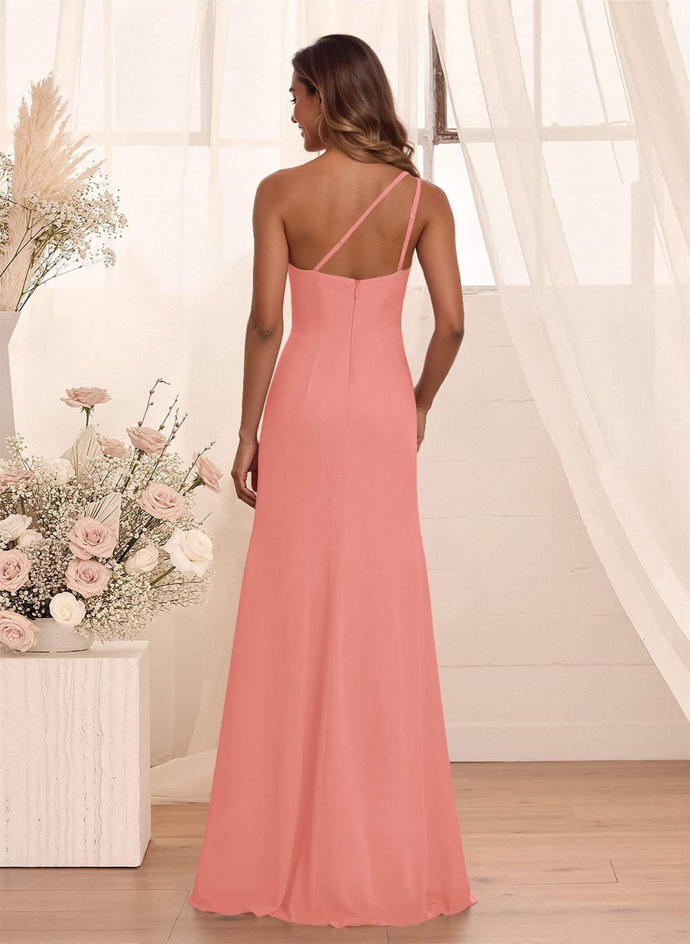 Flattering A-Line One-Shoulder Chiffon Bridesmaid With Split Front, product image 98