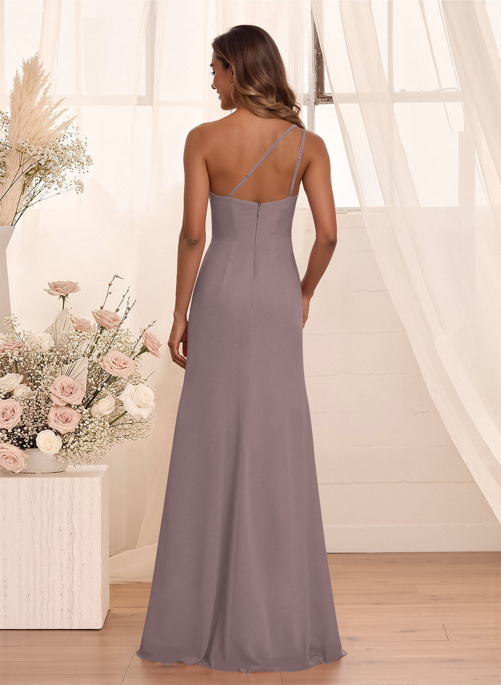 Flattering A-Line One-Shoulder Chiffon Bridesmaid With Split Front, product image 92