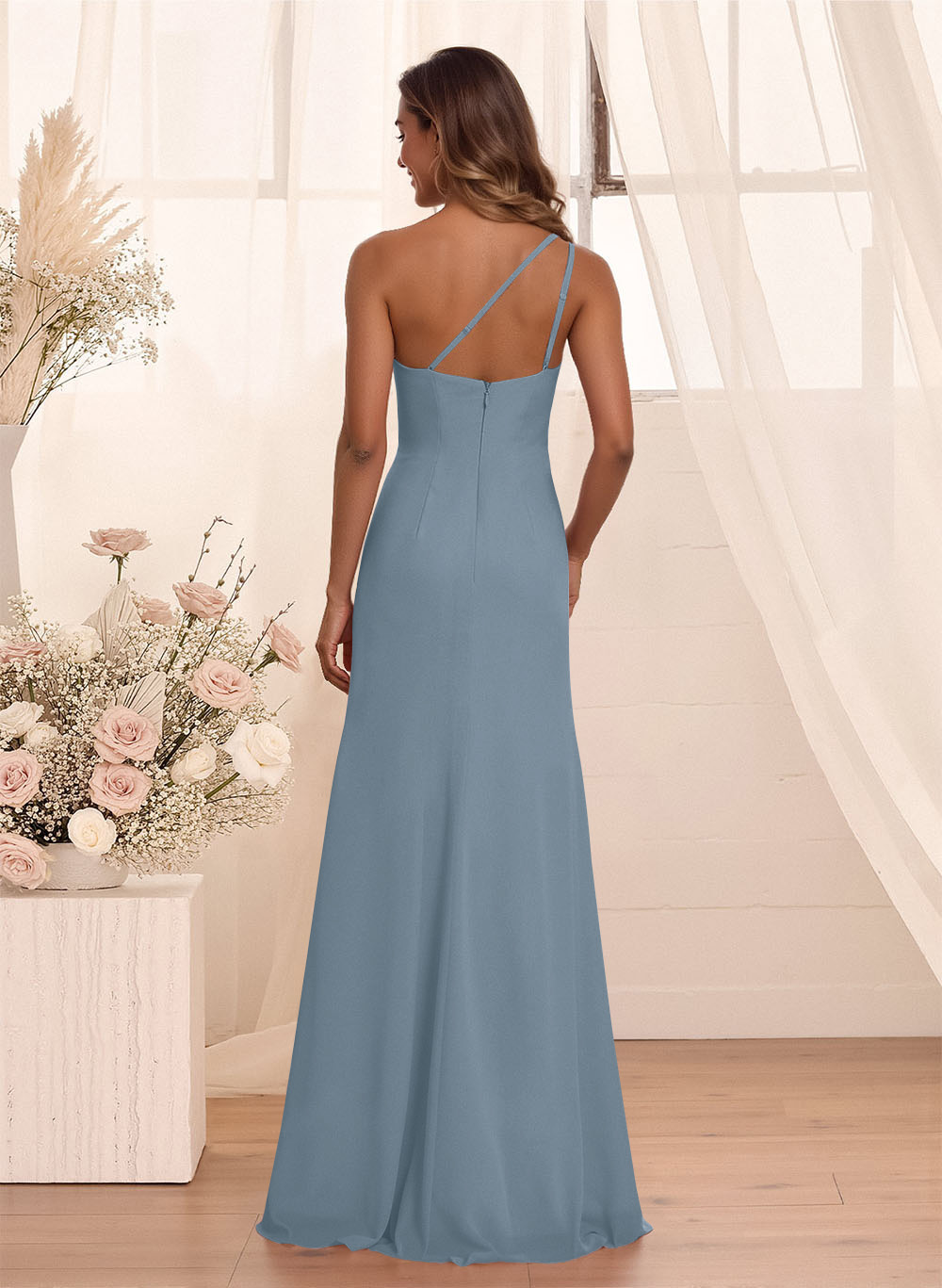 Flattering A-Line One-Shoulder Chiffon Bridesmaid With Split Front, product image 138