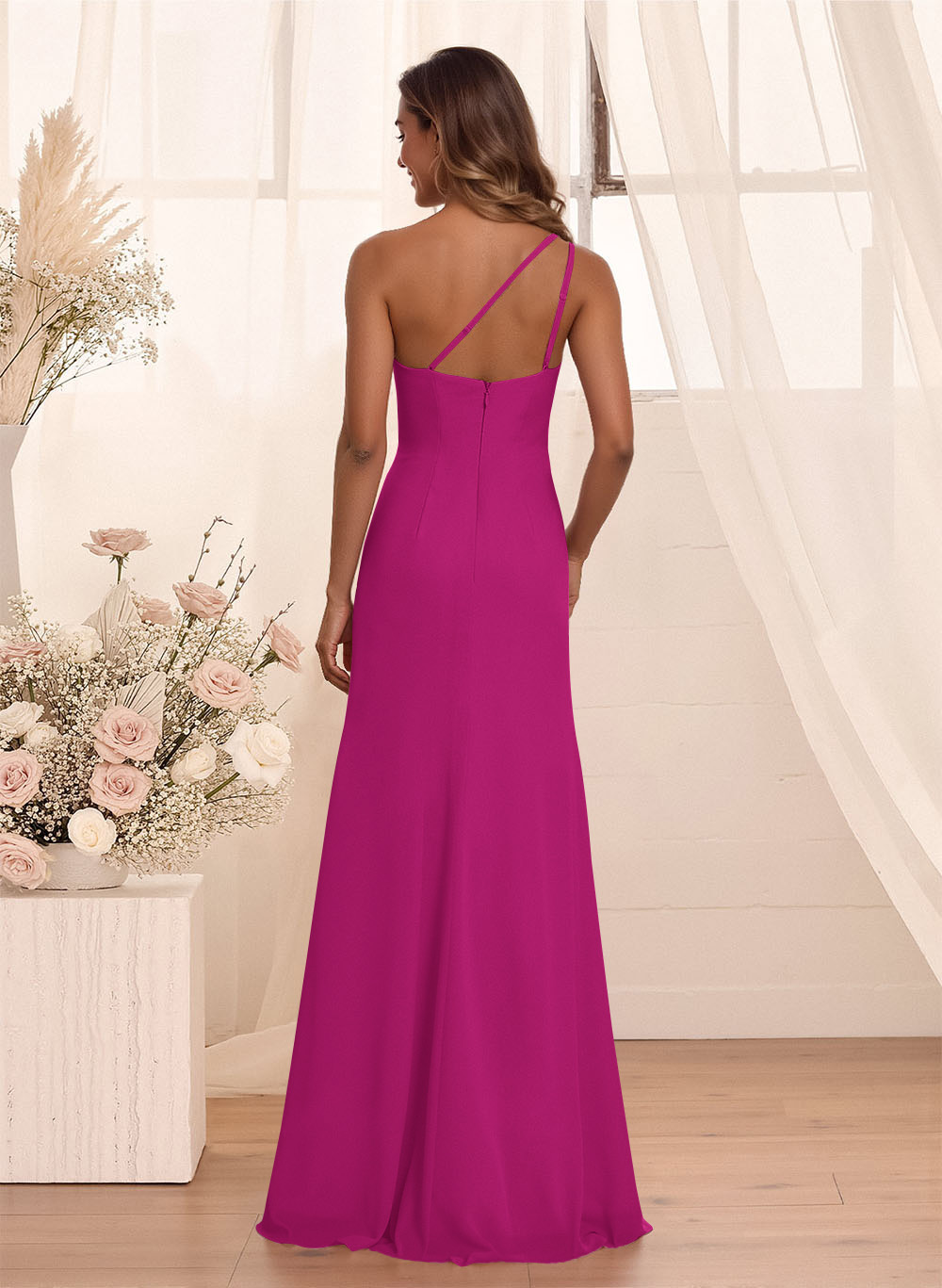 Flattering A-Line One-Shoulder Chiffon Bridesmaid With Split Front, product image 70