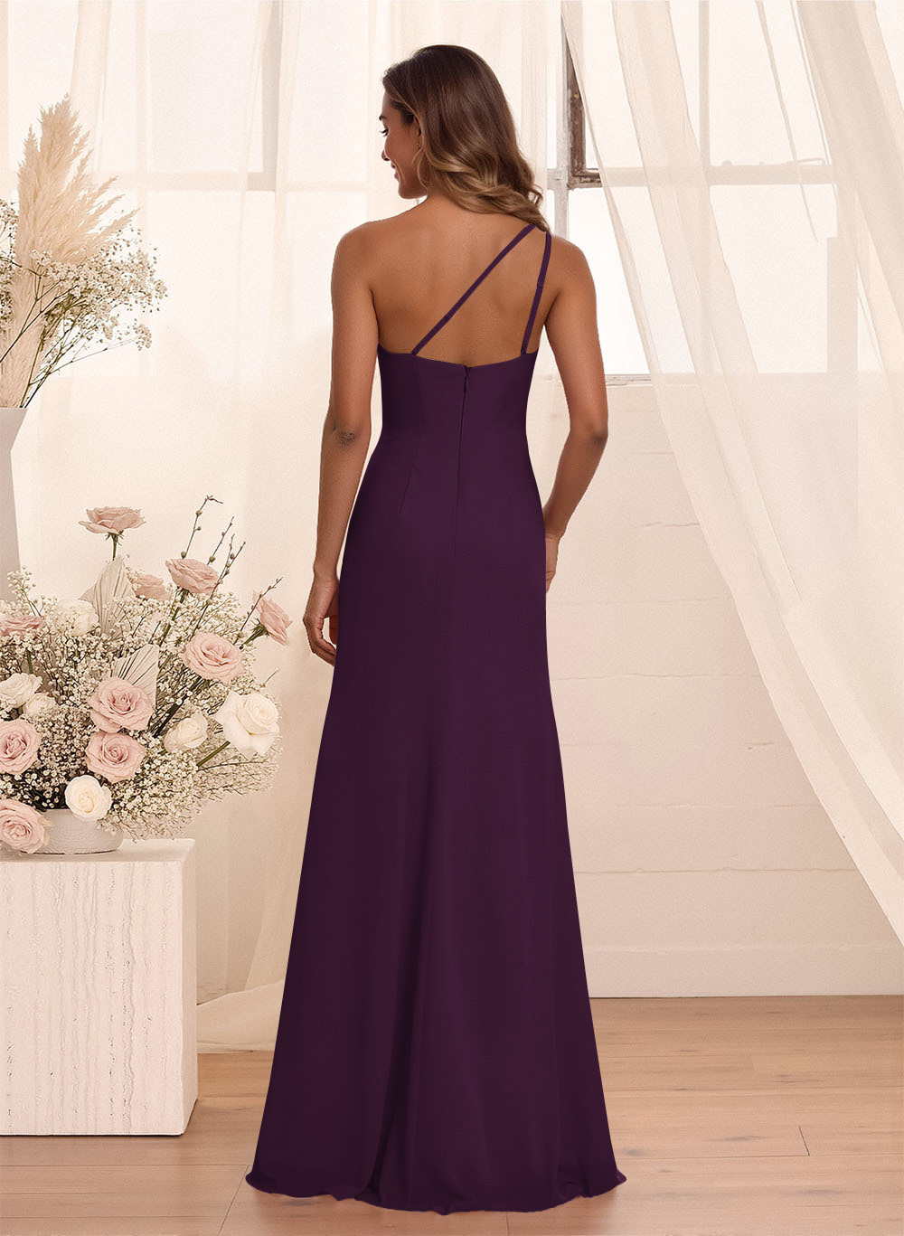 Flattering A-Line One-Shoulder Chiffon Bridesmaid With Split Front, product image 76