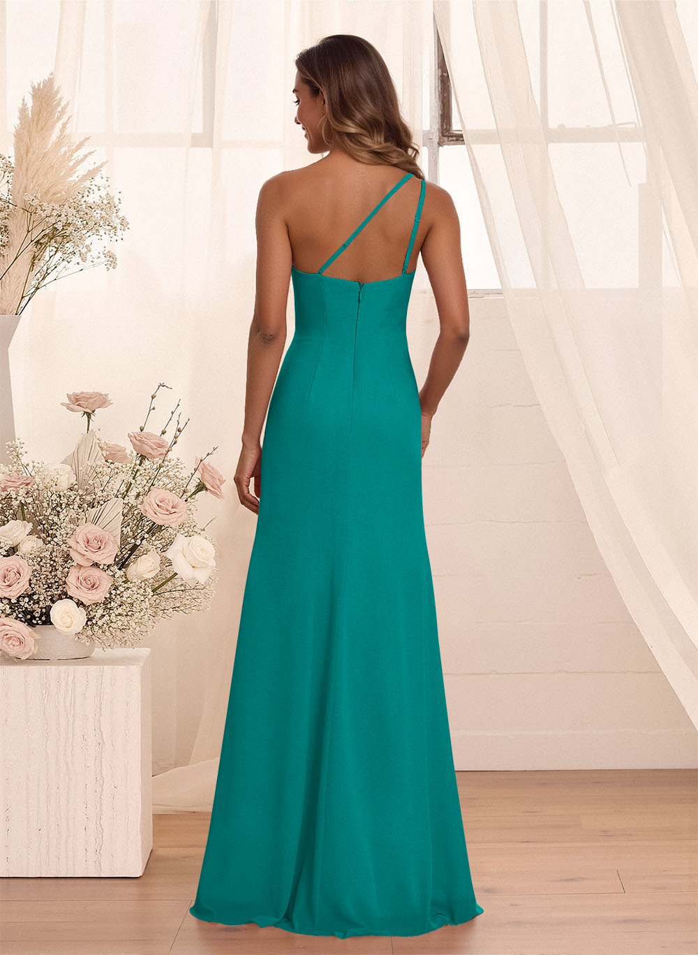 Flattering A-Line One-Shoulder Chiffon Bridesmaid With Split Front, product image 60