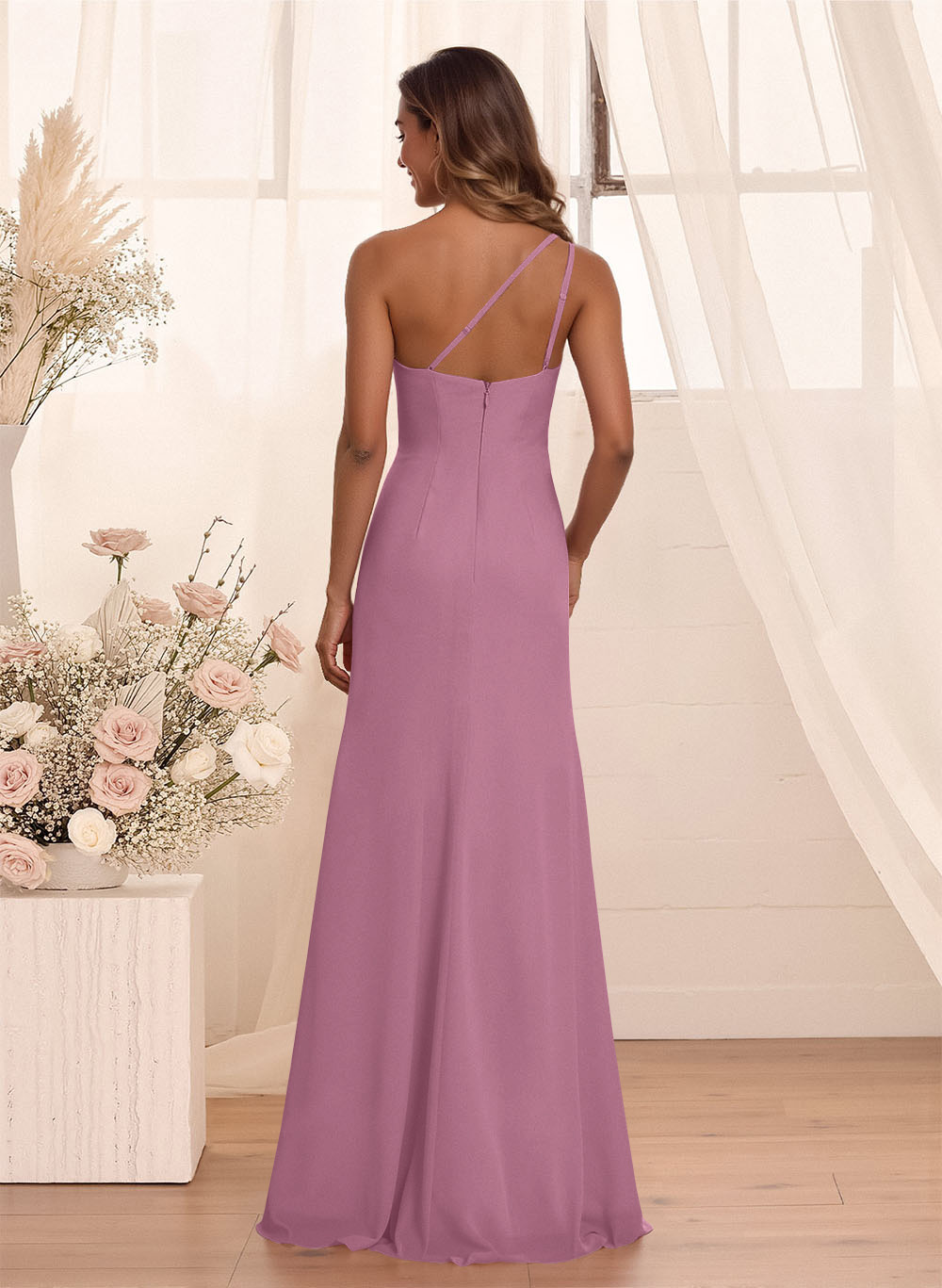 Flattering A-Line One-Shoulder Chiffon Bridesmaid With Split Front, product image 86