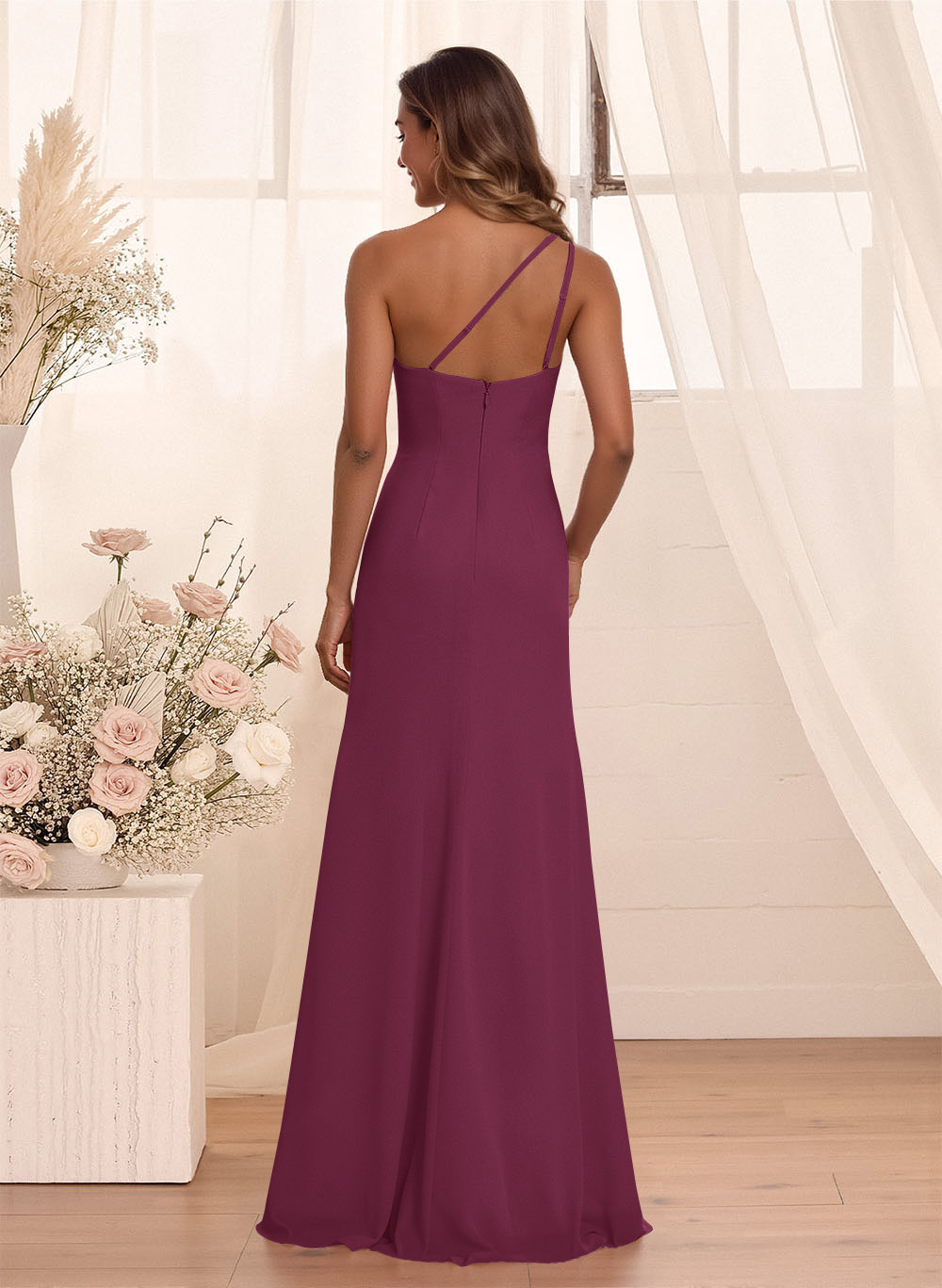Flattering A-Line One-Shoulder Chiffon Bridesmaid With Split Front, product image 112