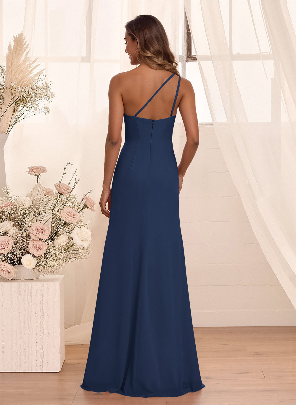 Flattering A-Line One-Shoulder Chiffon Bridesmaid With Split Front, product image 140