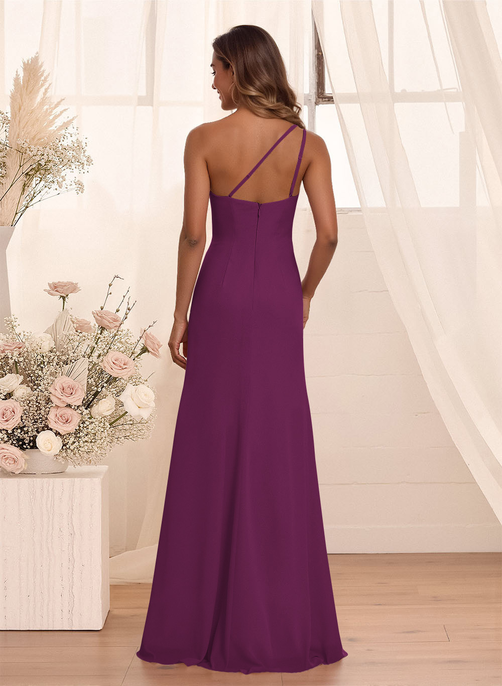 Flattering A-Line One-Shoulder Chiffon Bridesmaid With Split Front, product image 74