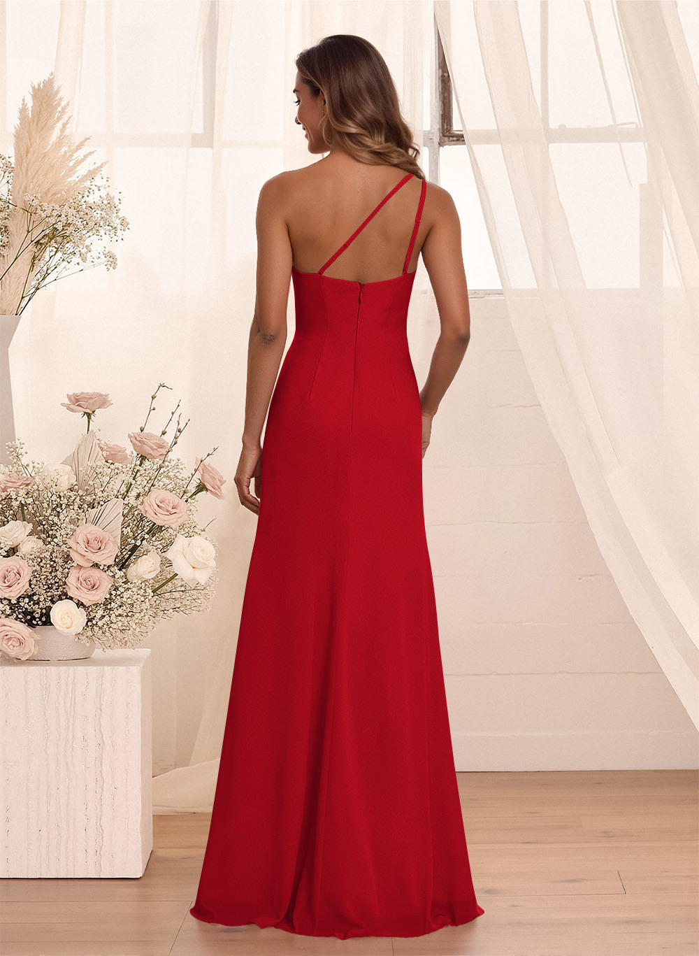 Flattering A-Line One-Shoulder Chiffon Bridesmaid With Split Front, product image 110