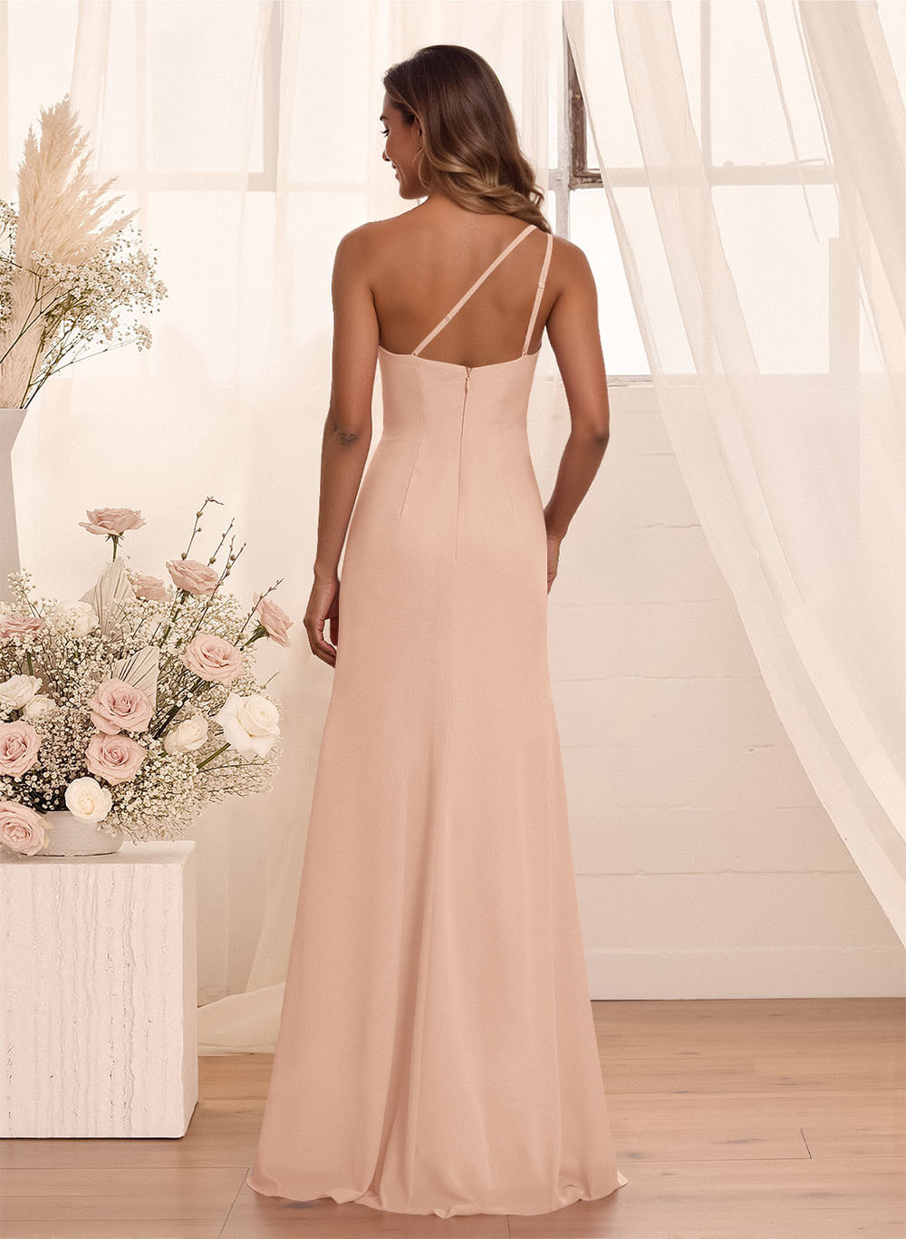 Flattering A-Line One-Shoulder Chiffon Bridesmaid With Split Front, product image 15