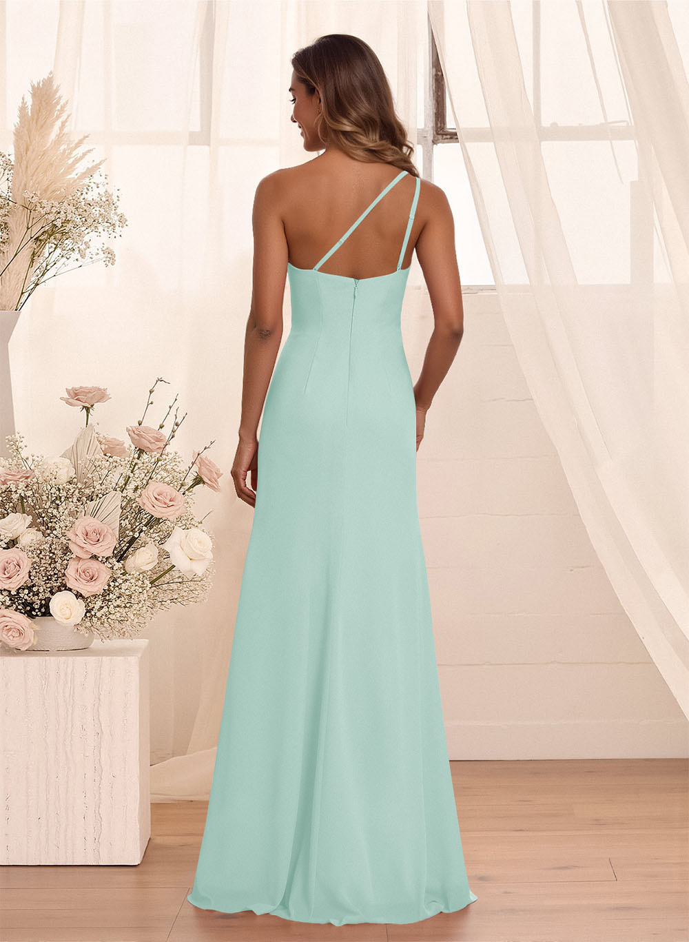 Flattering A-Line One-Shoulder Chiffon Bridesmaid With Split Front, product image 56