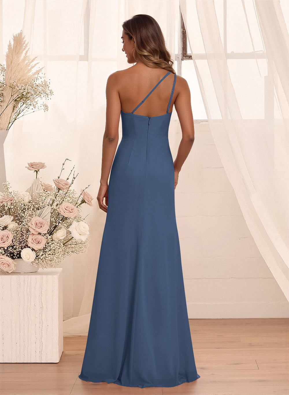 Flattering A-Line One-Shoulder Chiffon Bridesmaid With Split Front, product image 136