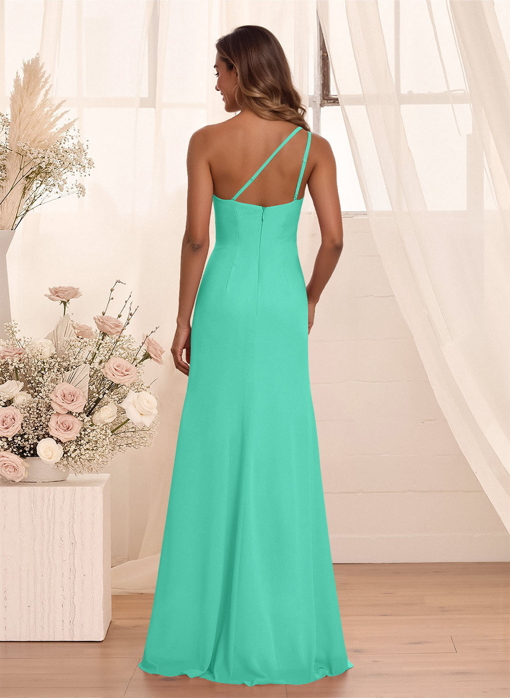 Flattering A-Line One-Shoulder Chiffon Bridesmaid With Split Front, product image 52
