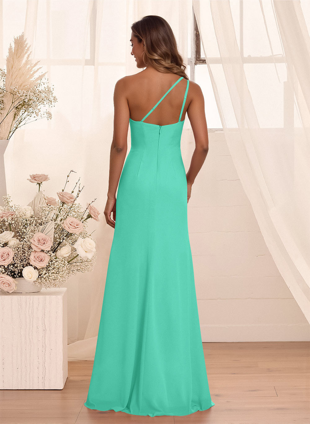 Flattering A-Line One-Shoulder Chiffon Bridesmaid With Split Front, product image 52