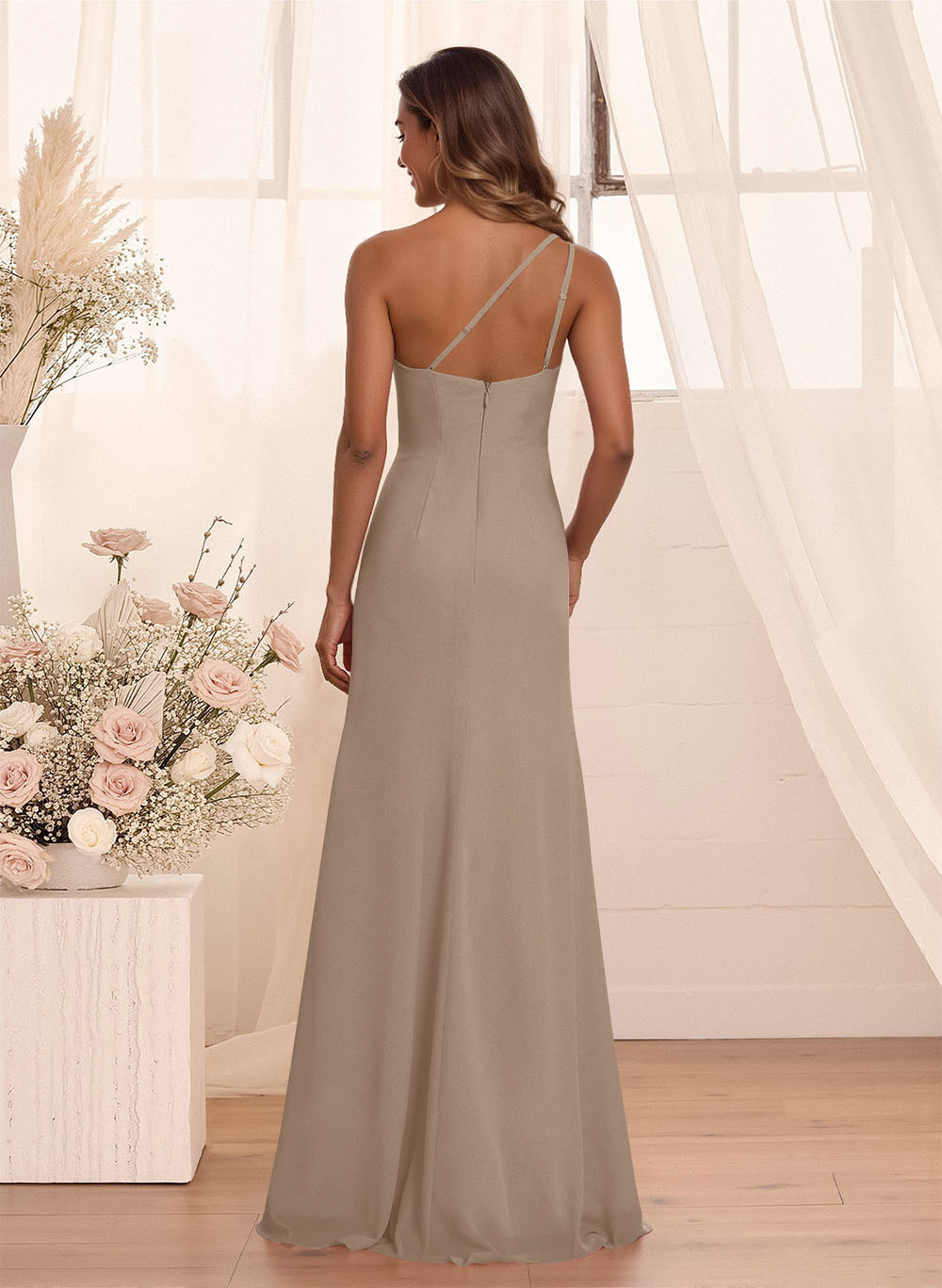 Flattering A-Line One-Shoulder Chiffon Bridesmaid With Split Front, product image 48