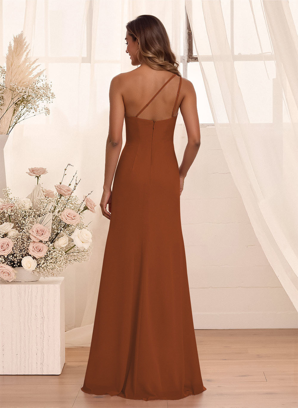 Flattering A-Line One-Shoulder Chiffon Bridesmaid With Split Front, product image 7