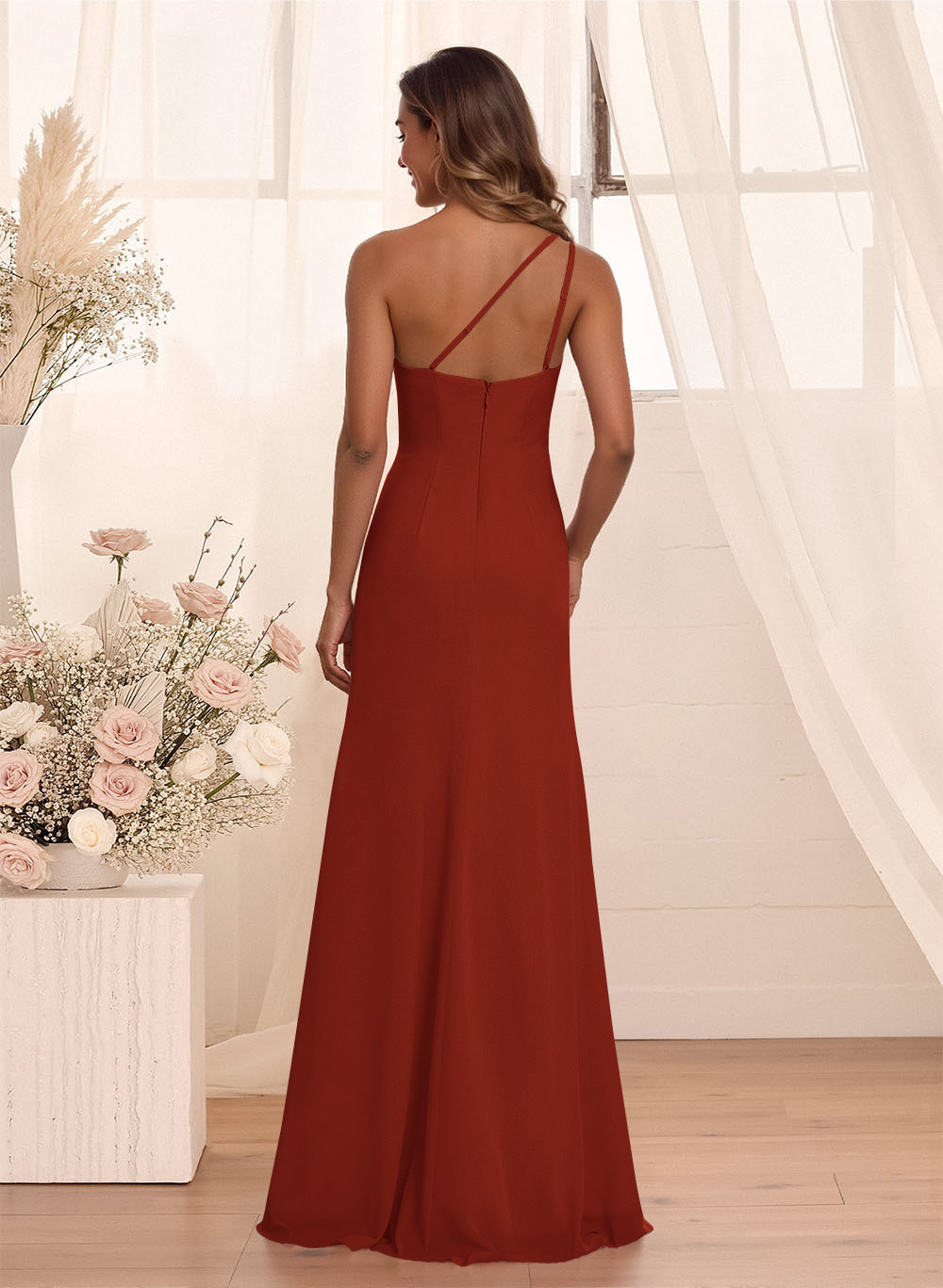 Flattering A-Line One-Shoulder Chiffon Bridesmaid With Split Front, product image 108