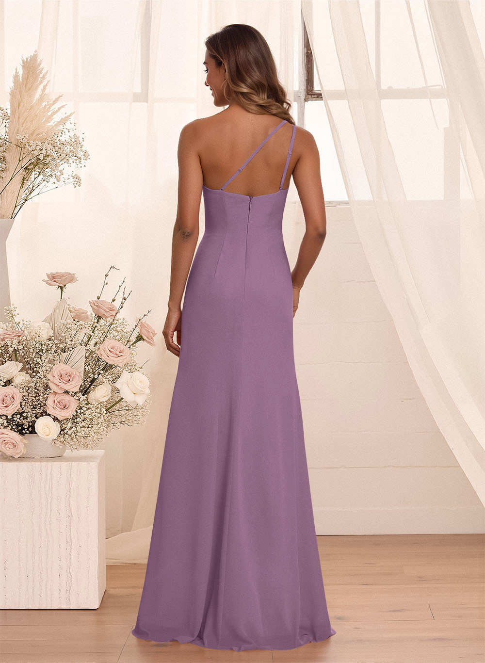 Flattering A-Line One-Shoulder Chiffon Bridesmaid With Split Front, product image 90