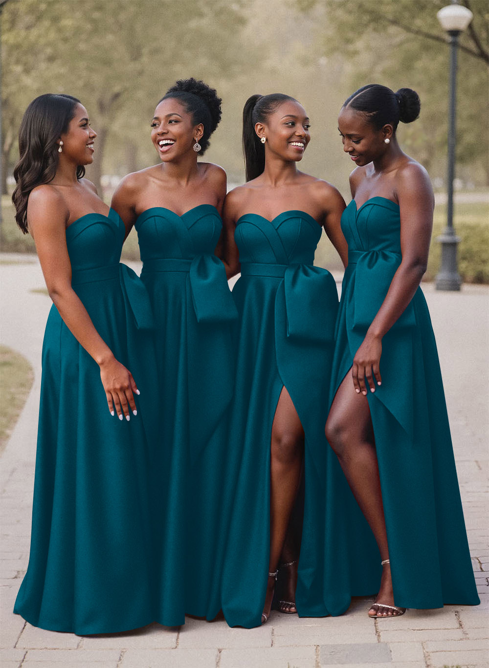 A-Line Sweetheart Sleeveless Satin Bridesmaid Dresses With Bow(s)/High Split
