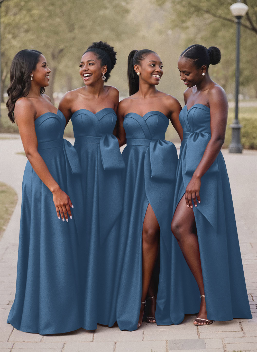A-Line Sweetheart Sleeveless Satin Bridesmaid Dresses With Bow(s)/High Split