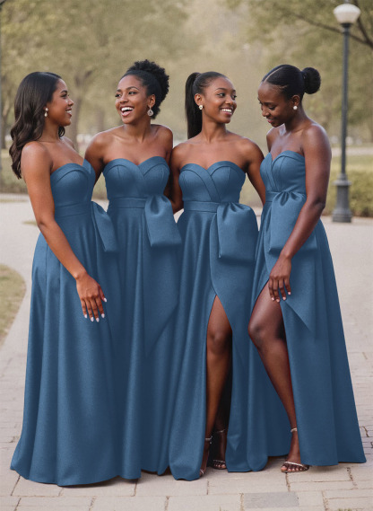 A-Line Sweetheart Sleeveless Satin Bridesmaid Dresses With Bow(s)/High Split