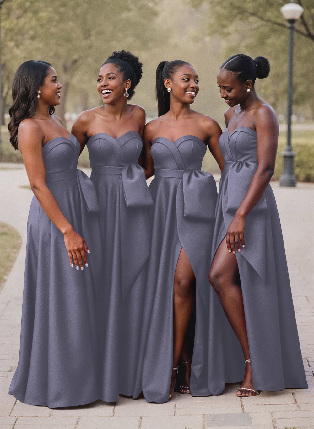 A-Line Sweetheart Sleeveless Satin Bridesmaid Dresses With Bow(s)/High Split