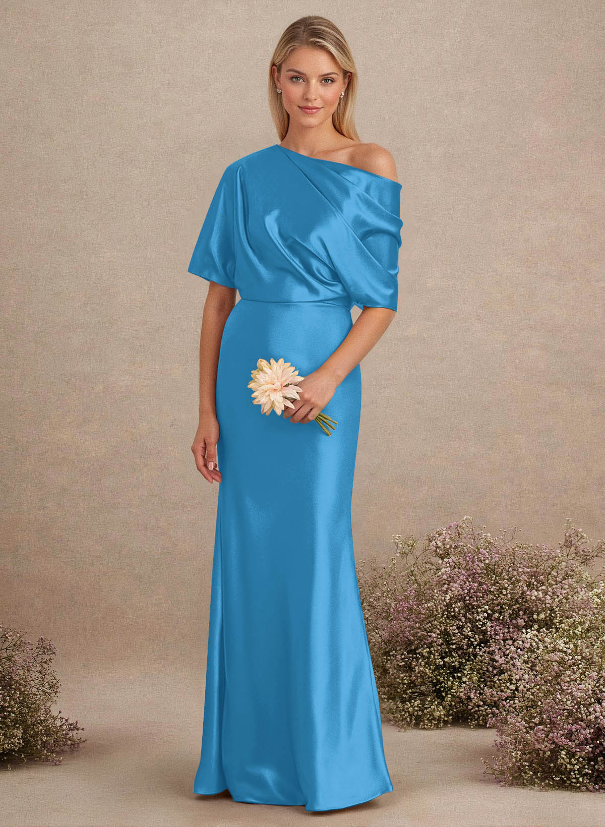 Sheath/Column Asymmetrical Neck Short Sleeves Bridesmaid Dresses