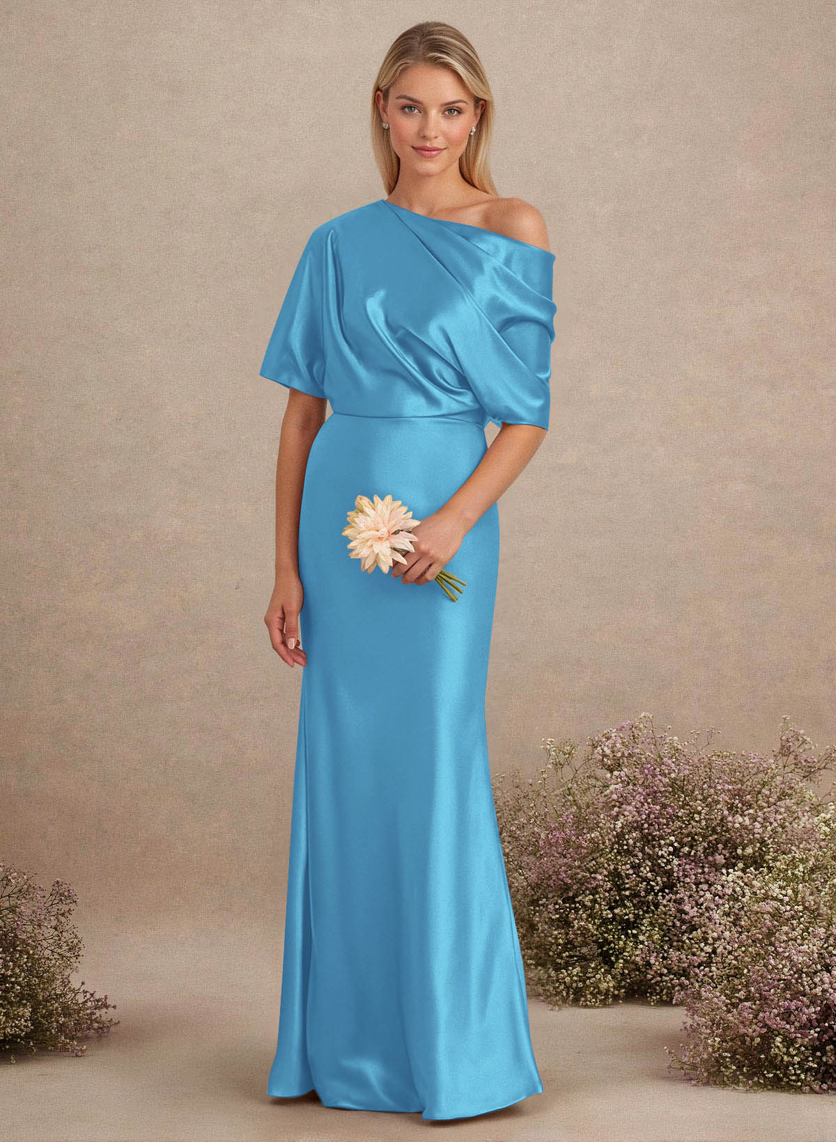 Sheath/Column Asymmetrical Neck Short Sleeves Bridesmaid Dresses