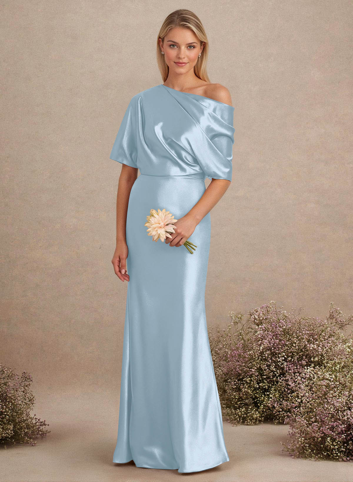 Sheath/Column Asymmetrical Neck Short Sleeves Bridesmaid Dresses