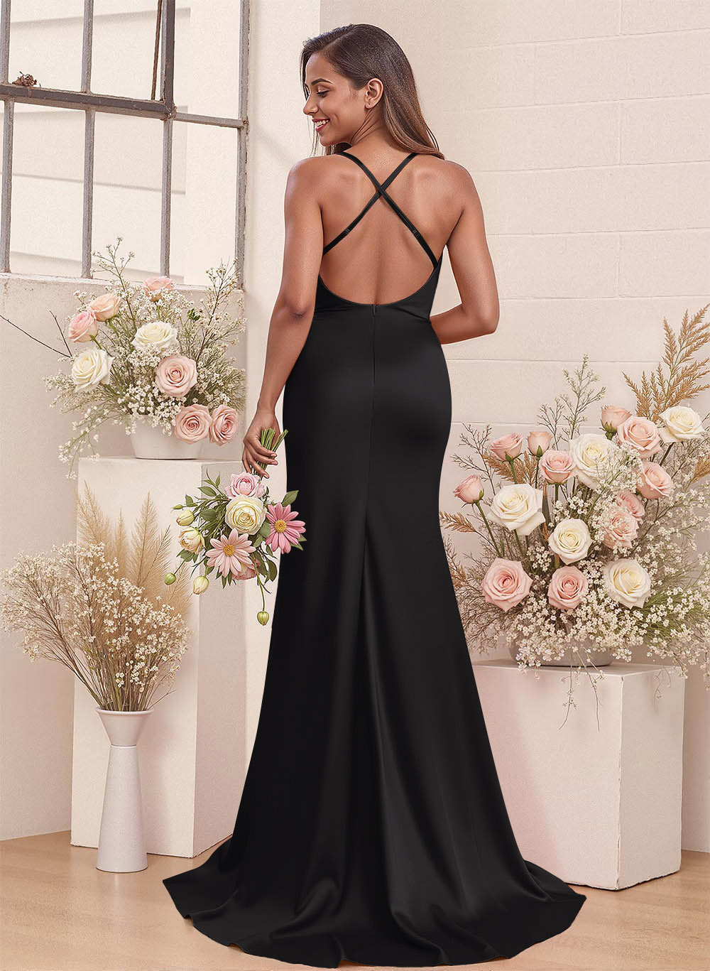 Cowl Neck High Split Mermaid Sweep Train Charmeuse Bridesmaid Dresses, image 4