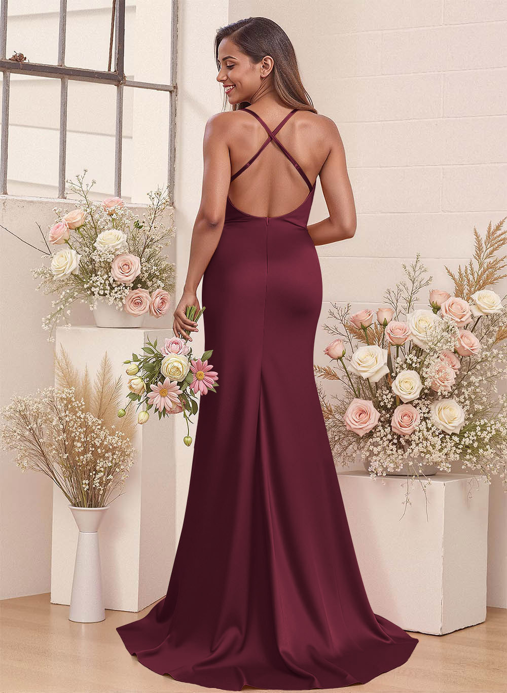 Cowl Neck High Split Mermaid Sweep Train Charmeuse Bridesmaid Dresses, image 6