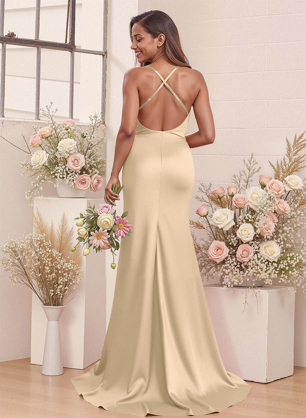 Cowl Neck High Split Mermaid Sweep Train Charmeuse Bridesmaid Dresses, image 8
