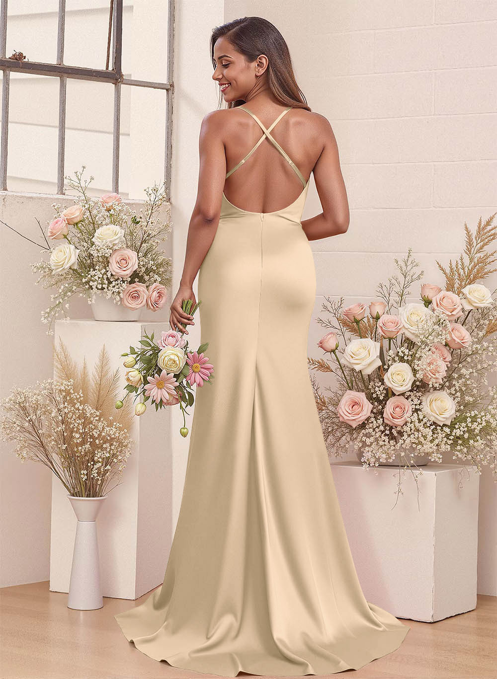 Cowl Neck High Split Mermaid Sweep Train Charmeuse Bridesmaid Dresses, image 8