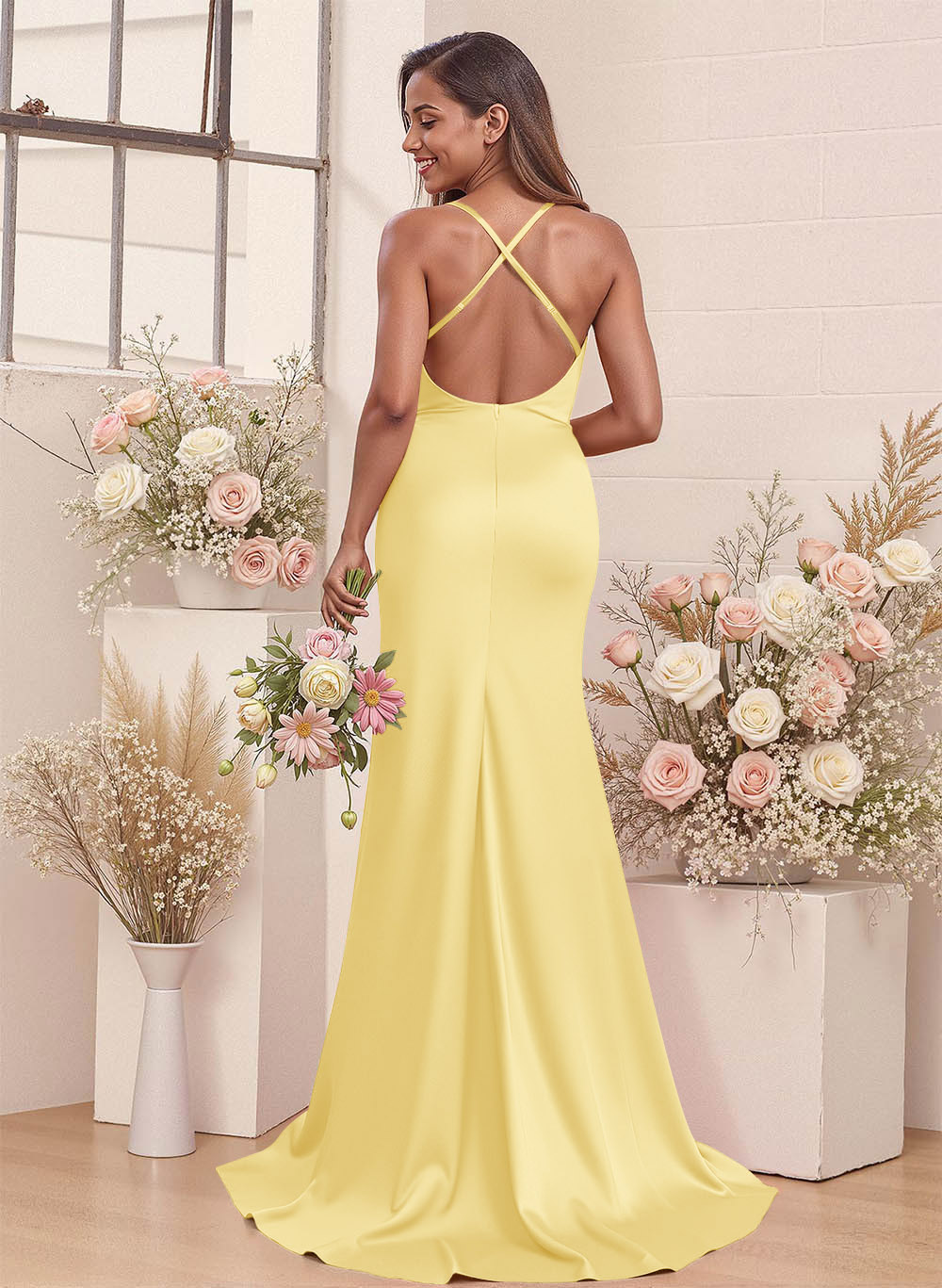 Cowl Neck High Split Mermaid Sweep Train Charmeuse Bridesmaid Dresses, image 10