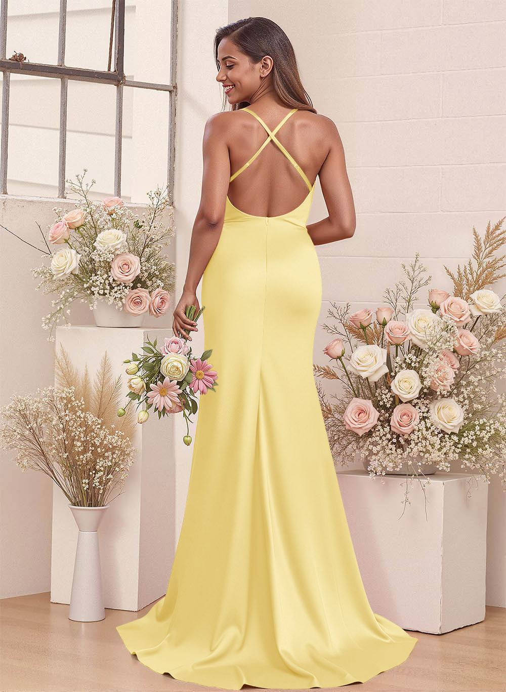 Cowl Neck High Split Mermaid Sweep Train Charmeuse Bridesmaid Dresses, image 10