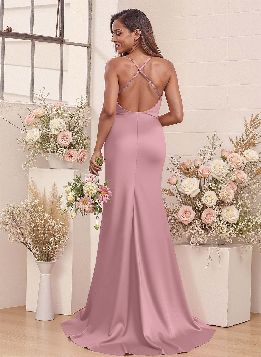 Cowl Neck High Split Mermaid Sweep Train Charmeuse Bridesmaid Dresses, image 14