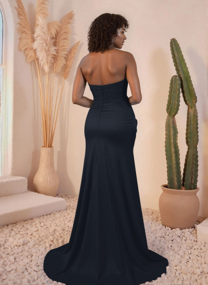 Ruched Sweetheart High Split Sweep Train Crepe Satin Bridesmaid Dresses