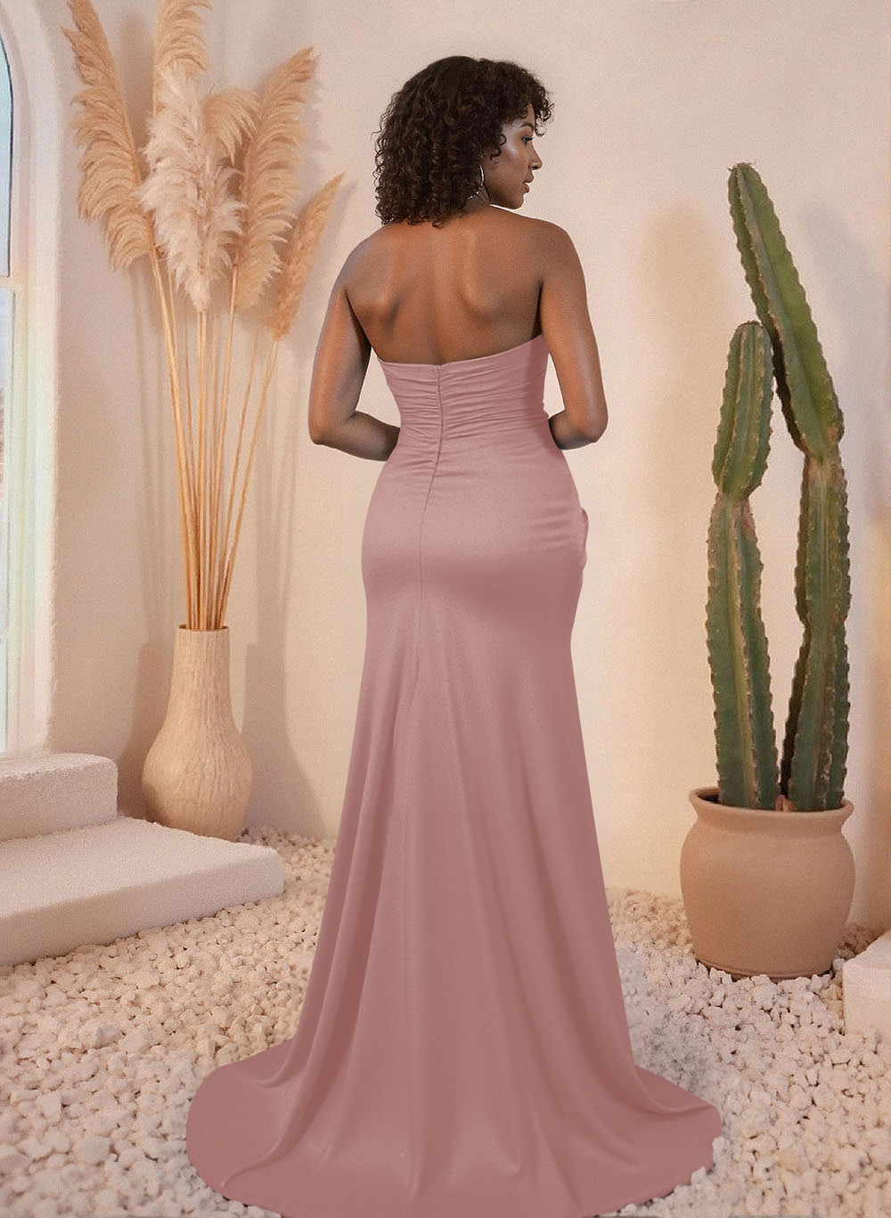 Ruched Sweetheart High Split Sweep Train Crepe Satin Bridesmaid Dresses