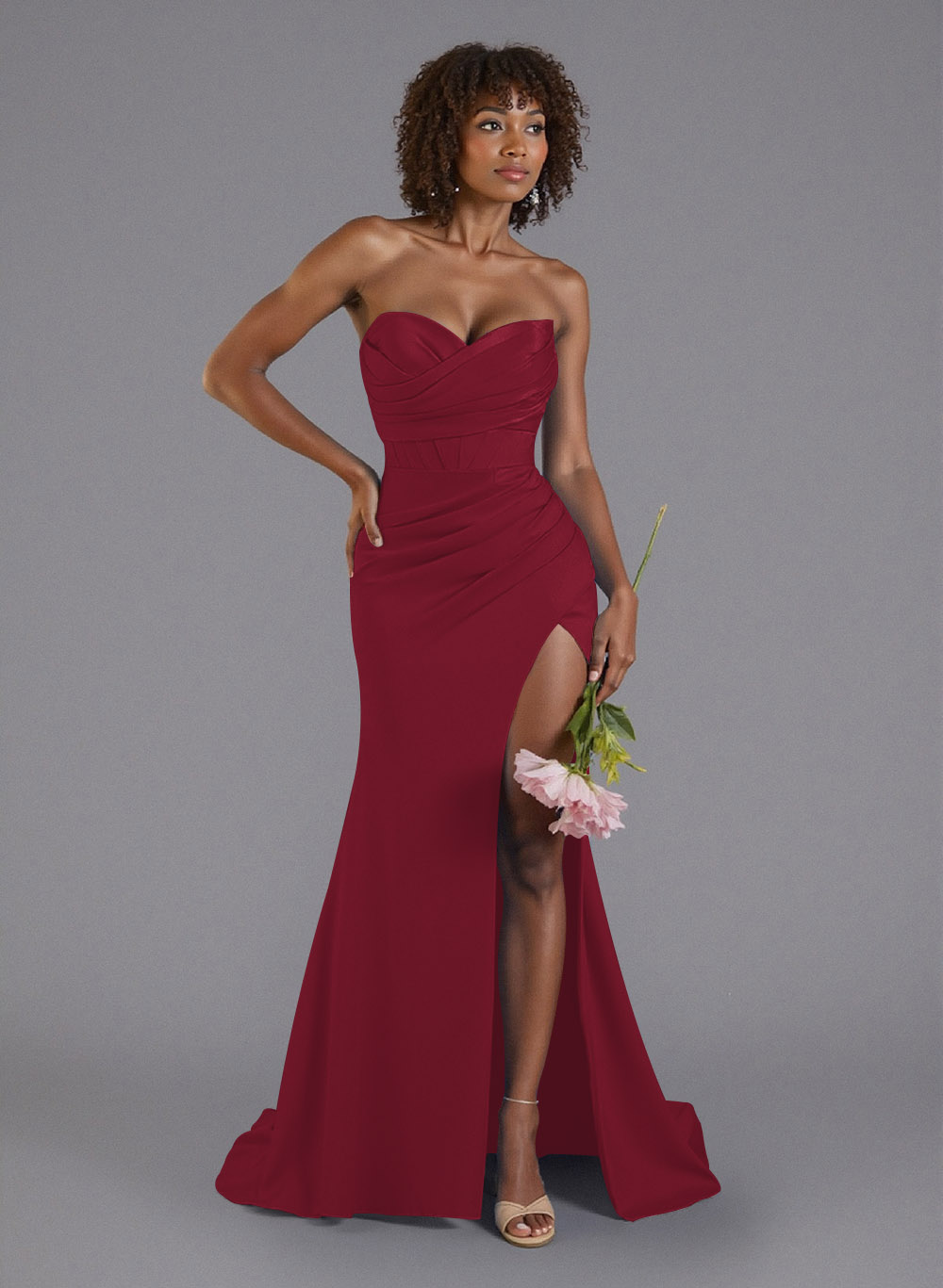Ruched Sweetheart High Split Sweep Train Crepe Satin Bridesmaid Dresses