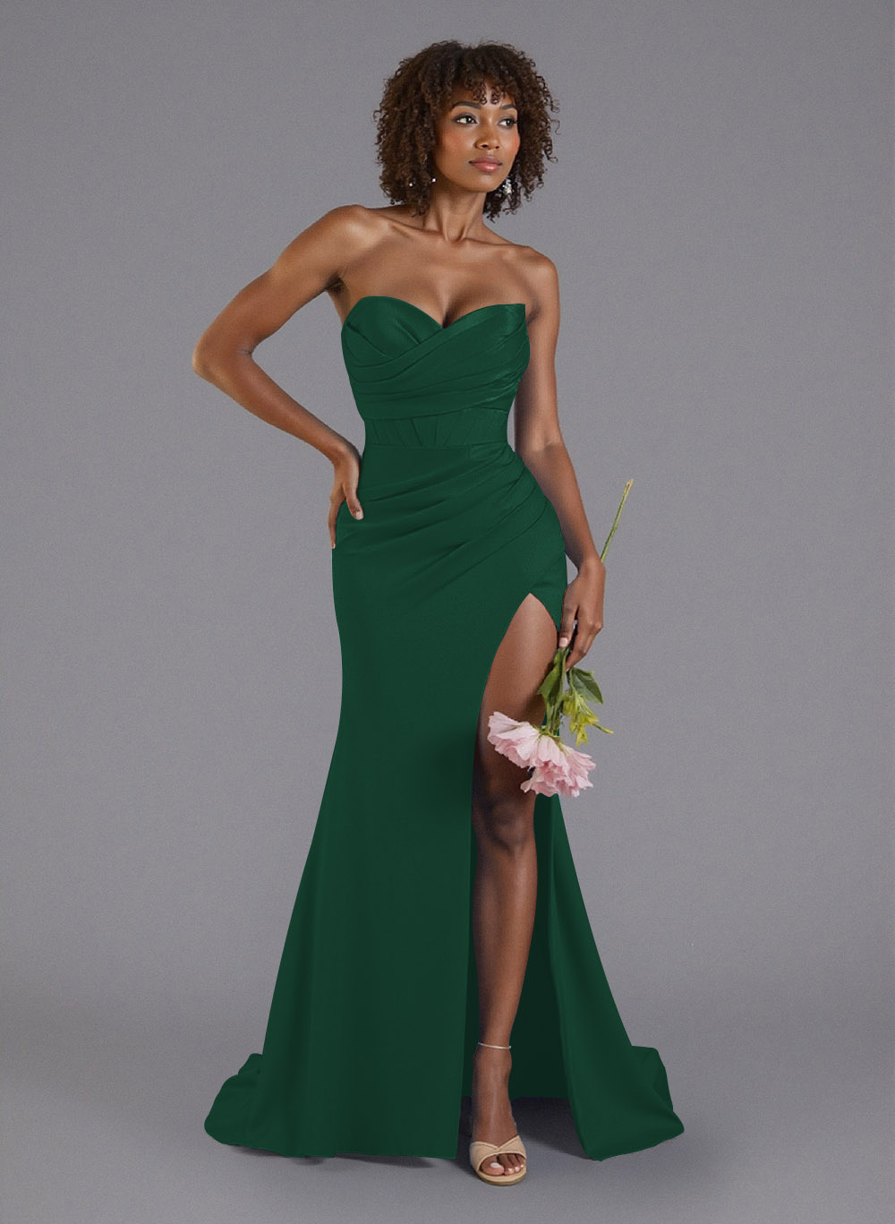 Ruched Sweetheart High Split Sweep Train Crepe Satin Bridesmaid Dresses